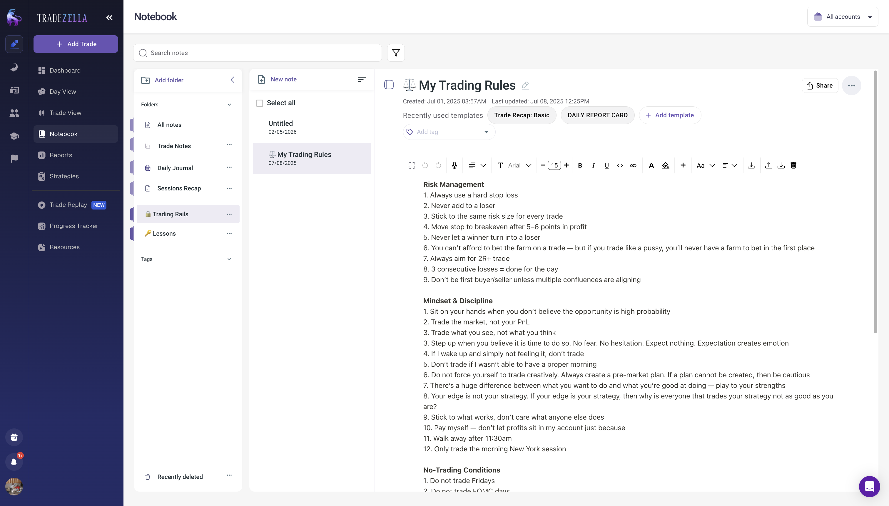 TradeZella Notebook feature showing a trading rules document with risk management and mindset sections