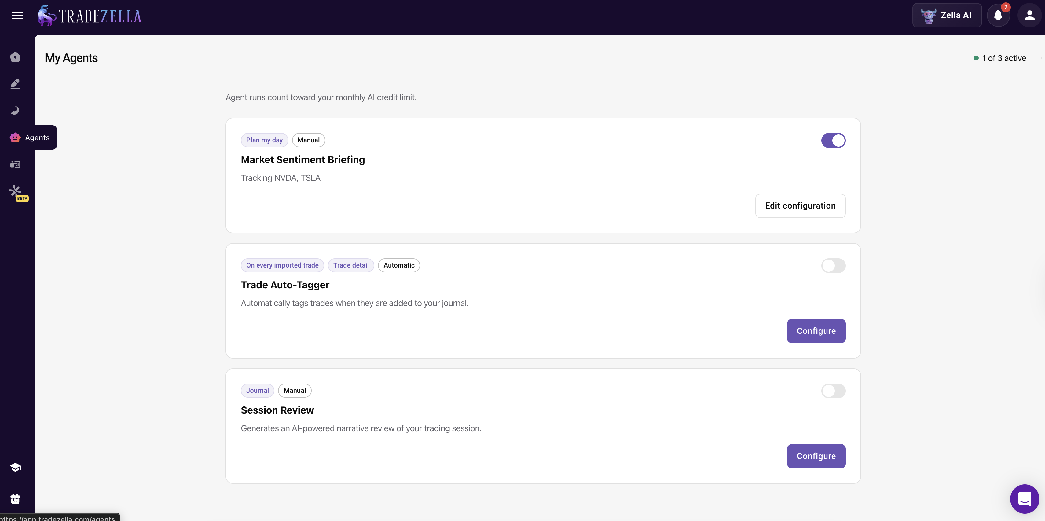 Zella AI agents interface with three background agents for trade analysis and session management